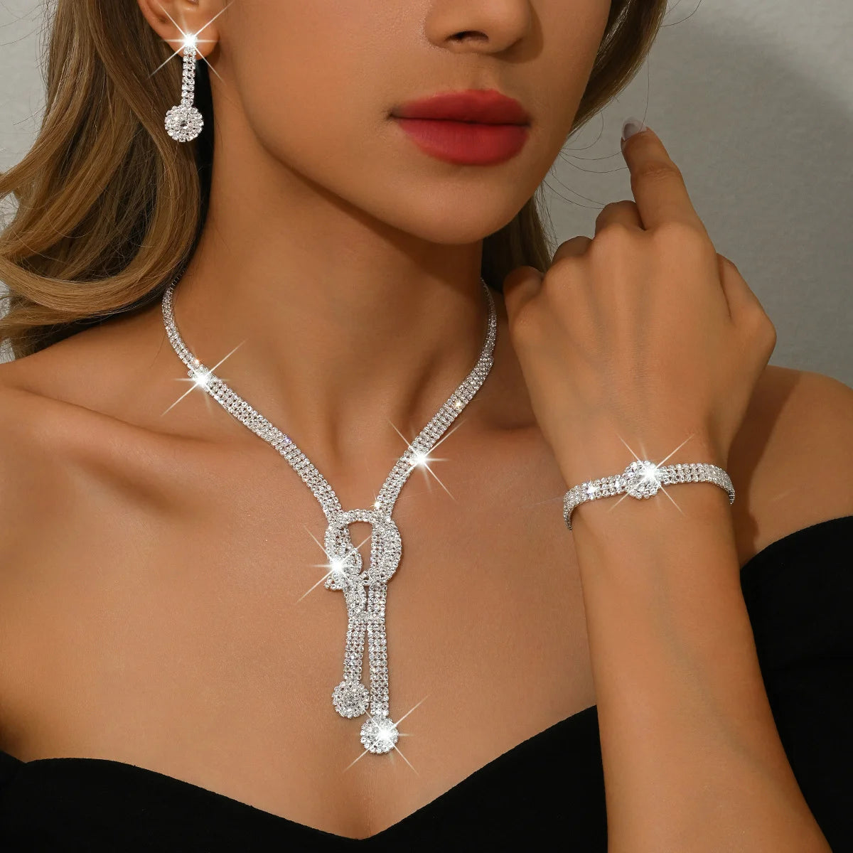 Elegant Diamond Look Wedding Jewelry Set for Brides – Necklace, Earrings & Bracelet