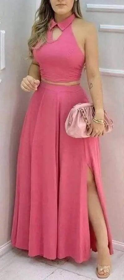 Noverlla™ Women's Halter Crop Top & Maxi Skirt Set – Elegant Two-Piece Outfit