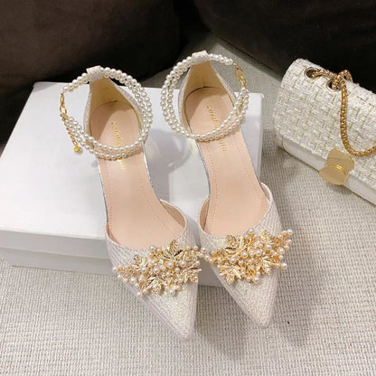 Elegant Women's Pointed Toe High Heel Pumps – Metal Beaded Dress Shoes for Weddings & Parties