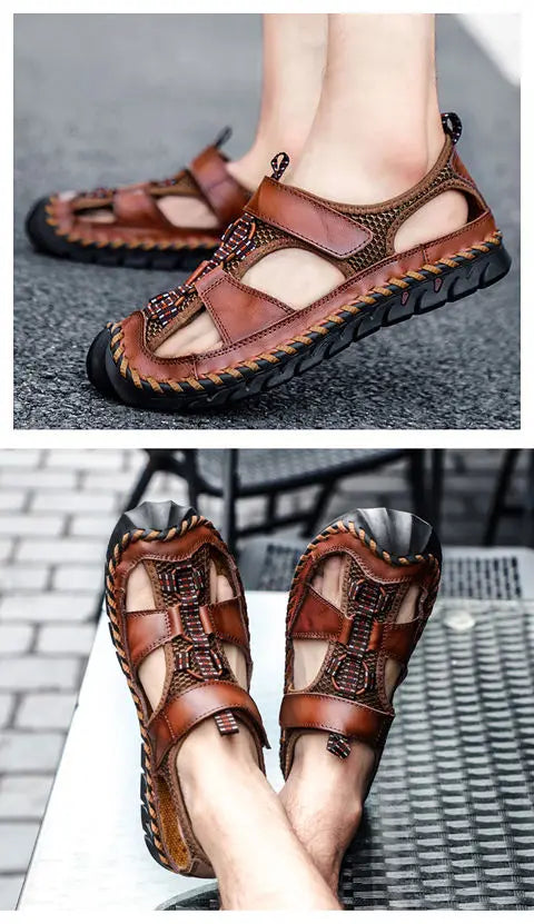 **Noverlla™ Premium Genuine Leather Men's Roman Sandals – Comfortable Summer Casual & Beach Shoes**