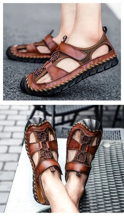 **Noverlla™ Premium Genuine Leather Men's Roman Sandals – Comfortable Summer Casual & Beach Shoes**