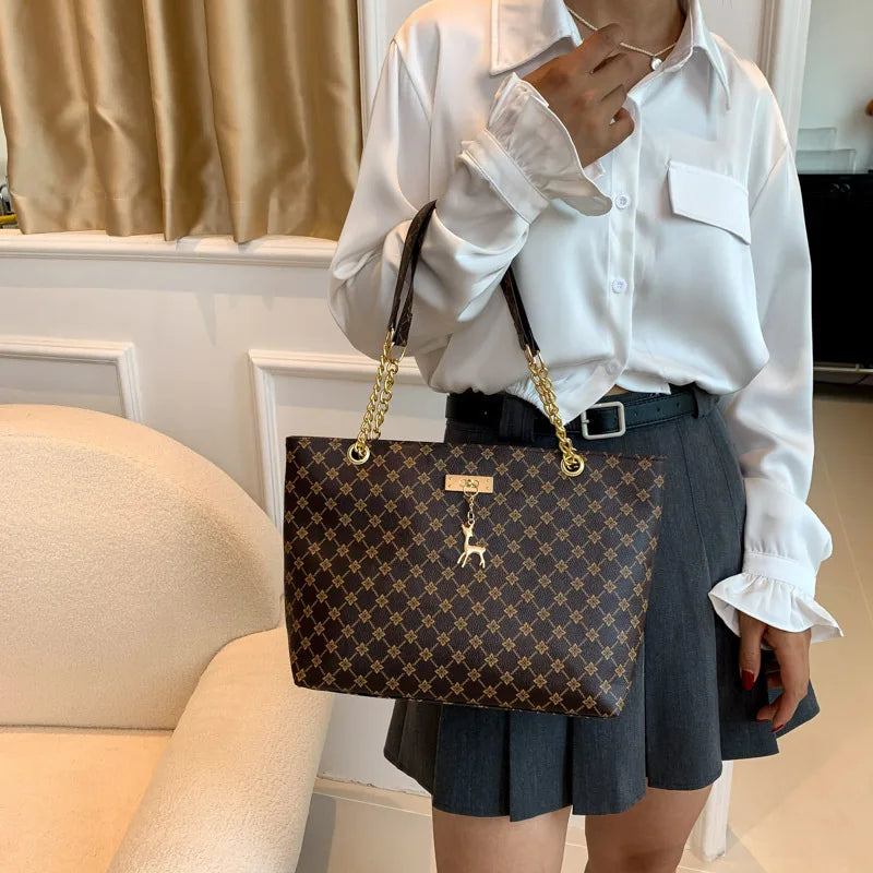 Elegant Soft Leather Tote Bag for Women – Large Shoulder Bag with Charm