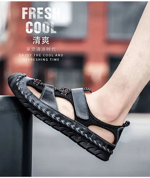 **Noverlla™ Premium Genuine Leather Men's Roman Sandals – Comfortable Summer Casual & Beach Shoes**