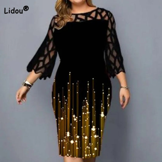 Women's Plus Size Lace Patchwork Midi Dress – Elegant 3/4 Sleeve Bodycon Party Dress | Autumn & Winter