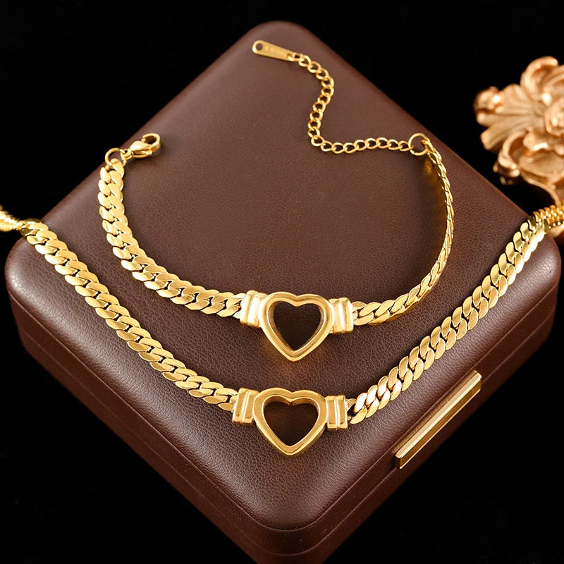 Luxury Heart Necklace & Bracelet Set for Women – Stainless Steel Gold Jewelry Gift