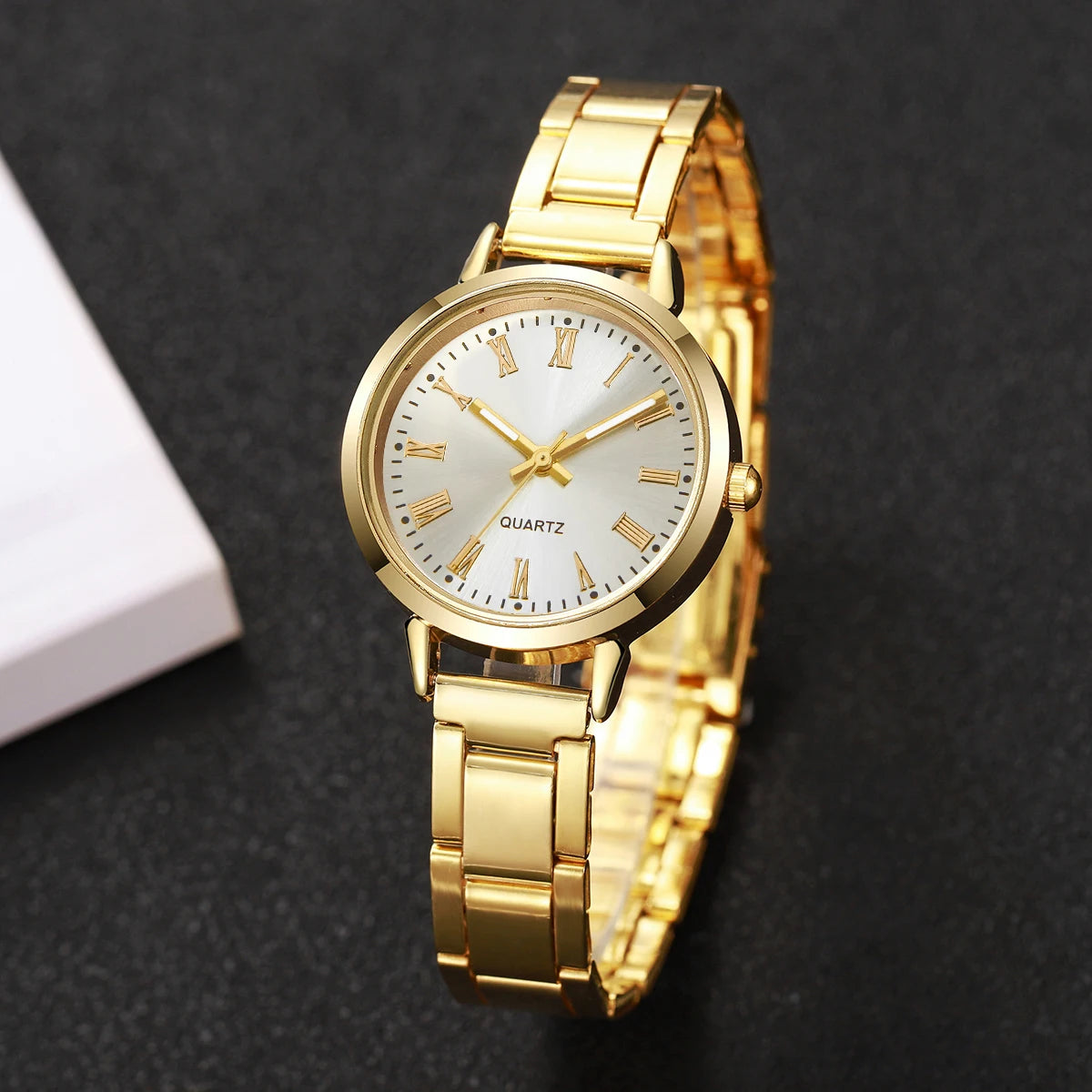 6-Piece Elegant Women's Quartz Watch & Rhinestone Jewelry Set – Fashion Wristwatch Gift Set (No Box)
