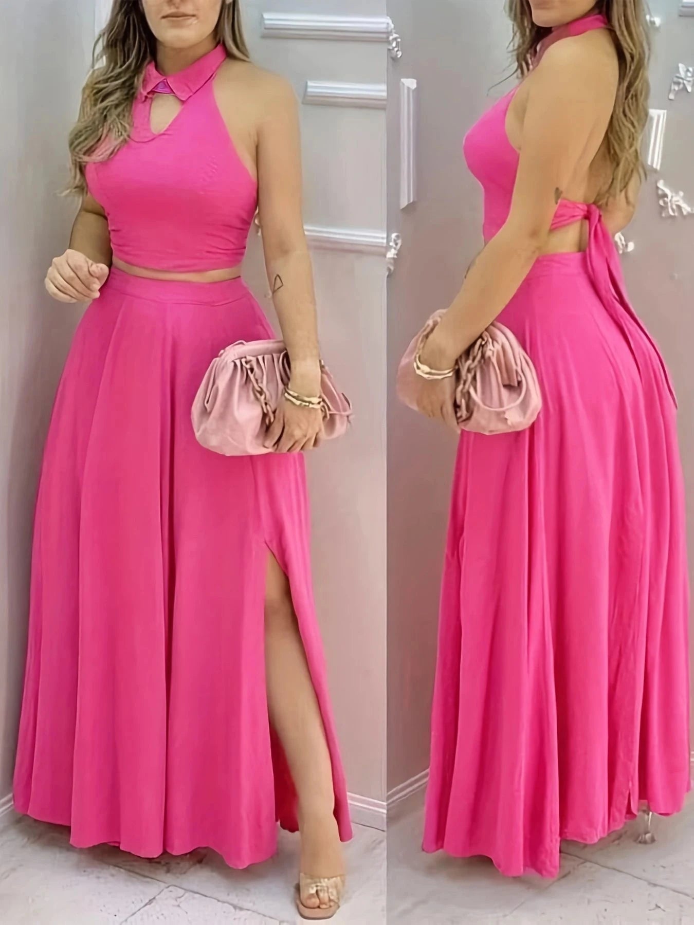 Noverlla™ Women's Halter Crop Top & Maxi Skirt Set – Elegant Two-Piece Outfit