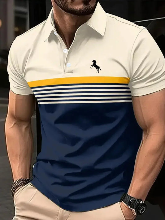 Men's Casual 3D Horse Print Polo Shirt – Striped Short Sleeve Golf & Summer Shirt