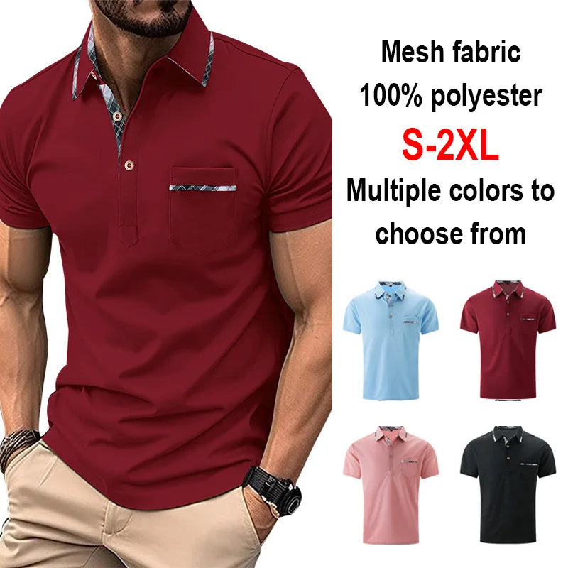 Noverlla™ Men's Slim Fit Polo Shirt – Short Sleeve Business Casual Top with Plaid Collar Detail