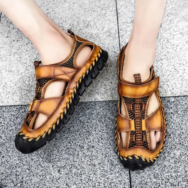 **Noverlla™ Premium Genuine Leather Men's Roman Sandals – Comfortable Summer Casual & Beach Shoes**