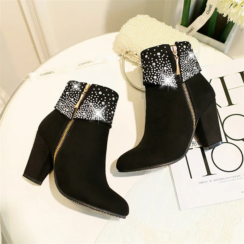**Noverlla™ Women's Crystal Zip Ankle Boots – Chunky High Heel Fashion Boots for Office, Party & Winter**