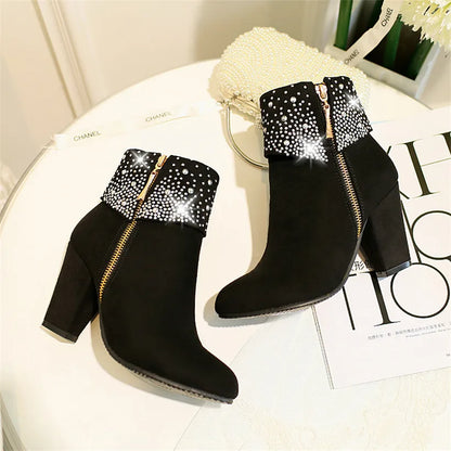 **Noverlla™ Women's Crystal Zip Ankle Boots – Chunky High Heel Fashion Boots for Office, Party & Winter**