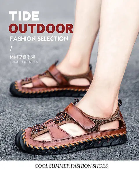 **Noverlla™ Premium Genuine Leather Men's Roman Sandals – Comfortable Summer Casual & Beach Shoes**
