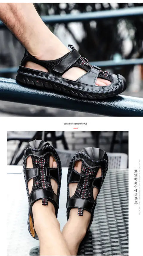 **Noverlla™ Premium Genuine Leather Men's Roman Sandals – Comfortable Summer Casual & Beach Shoes**