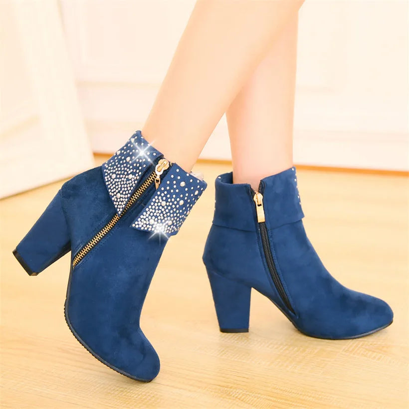 **Noverlla™ Women's Crystal Zip Ankle Boots – Chunky High Heel Fashion Boots for Office, Party & Winter**