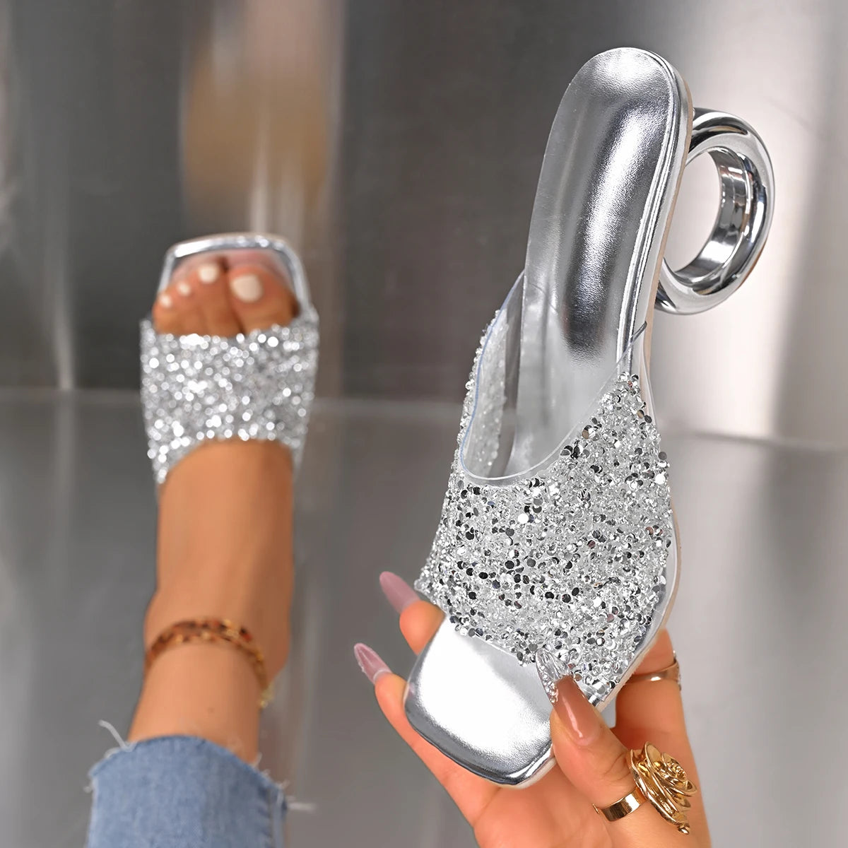 Women's Luxury Crystal High Heel Sandals – Elegant Square Toe Slip-On Party Shoes