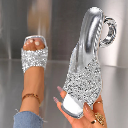 Women's Luxury Crystal High Heel Sandals – Elegant Square Toe Slip-On Party Shoes