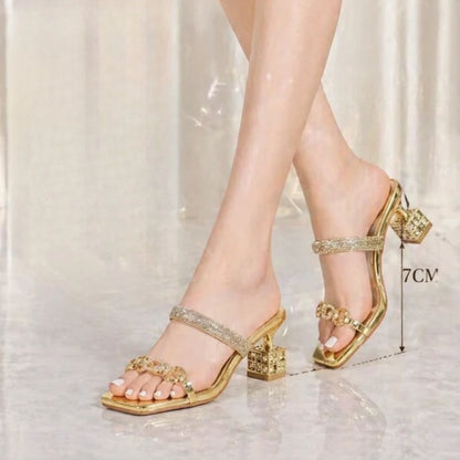 **Noverlla™ Women's Luxury Crystal Buckle High-Heel Sandals – Elegant Square Toe Fashion Slides**