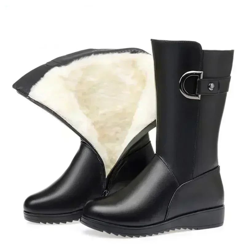 **Noverlla™ Premium Genuine Leather Women's Winter Snow Boots – Warm Wool Lined High-Heel Cold Weather Boots**