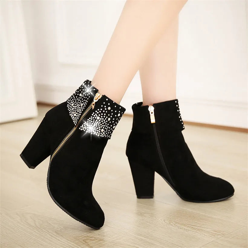 **Noverlla™ Women's Crystal Zip Ankle Boots – Chunky High Heel Fashion Boots for Office, Party & Winter**