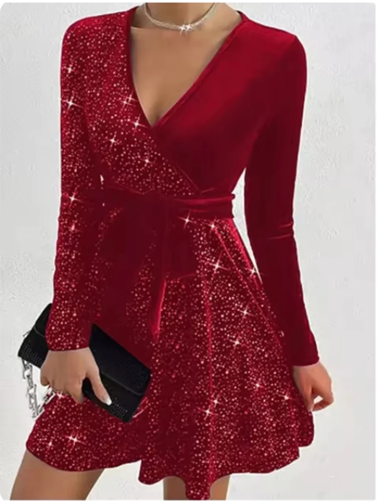 Women's Elegant Sequin V-Neck Maxi Dress – Long Sleeve Evening Party Gown