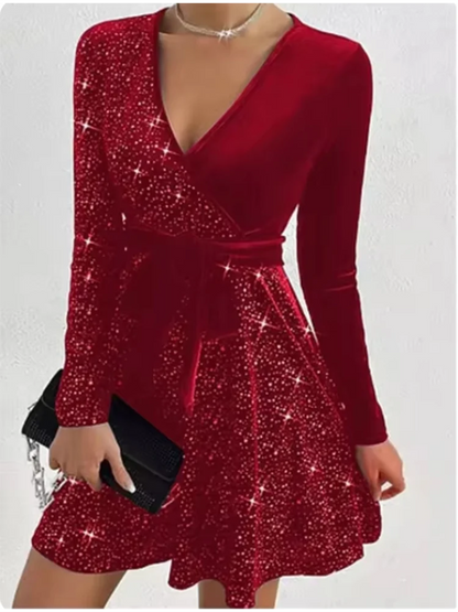 Women's Elegant Sequin V-Neck Maxi Dress – Long Sleeve Evening Party Gown