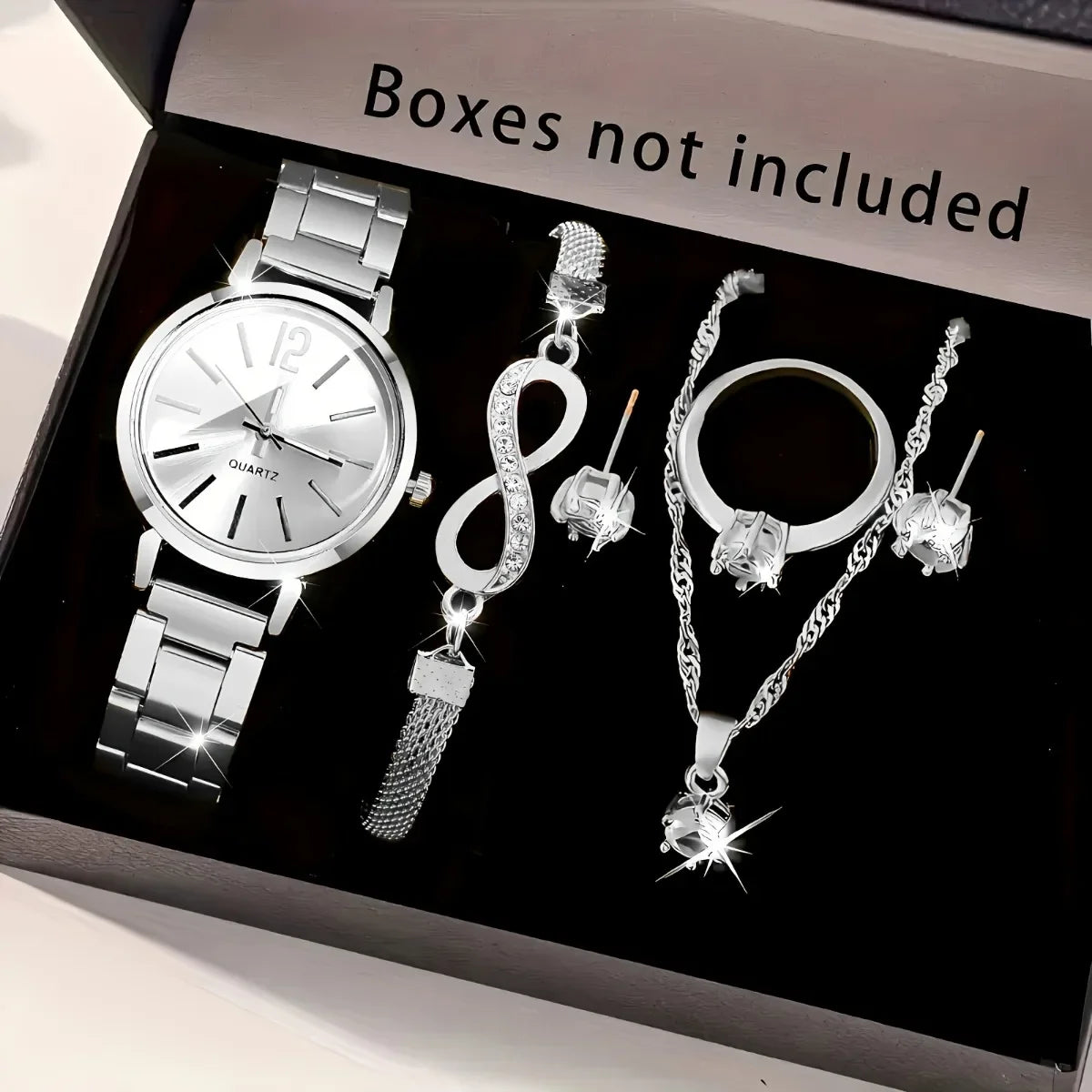 6-Piece Elegant Women's Quartz Watch & Rhinestone Jewelry Set – Fashion Wristwatch Gift Set (No Box)
