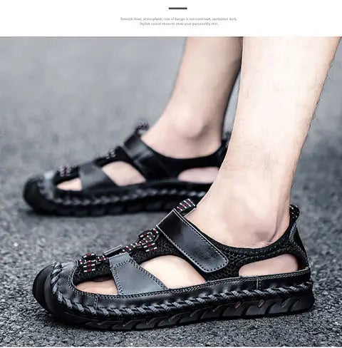 **Noverlla™ Premium Genuine Leather Men's Roman Sandals – Comfortable Summer Casual & Beach Shoes**