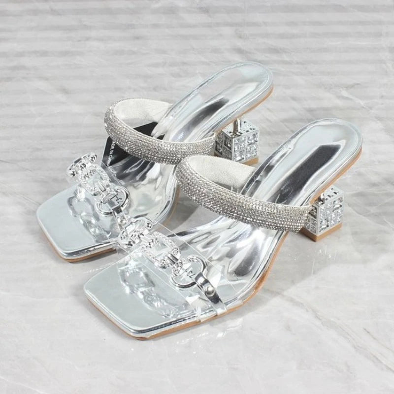 **Noverlla™ Women's Luxury Crystal Buckle High-Heel Sandals – Elegant Square Toe Fashion Slides**