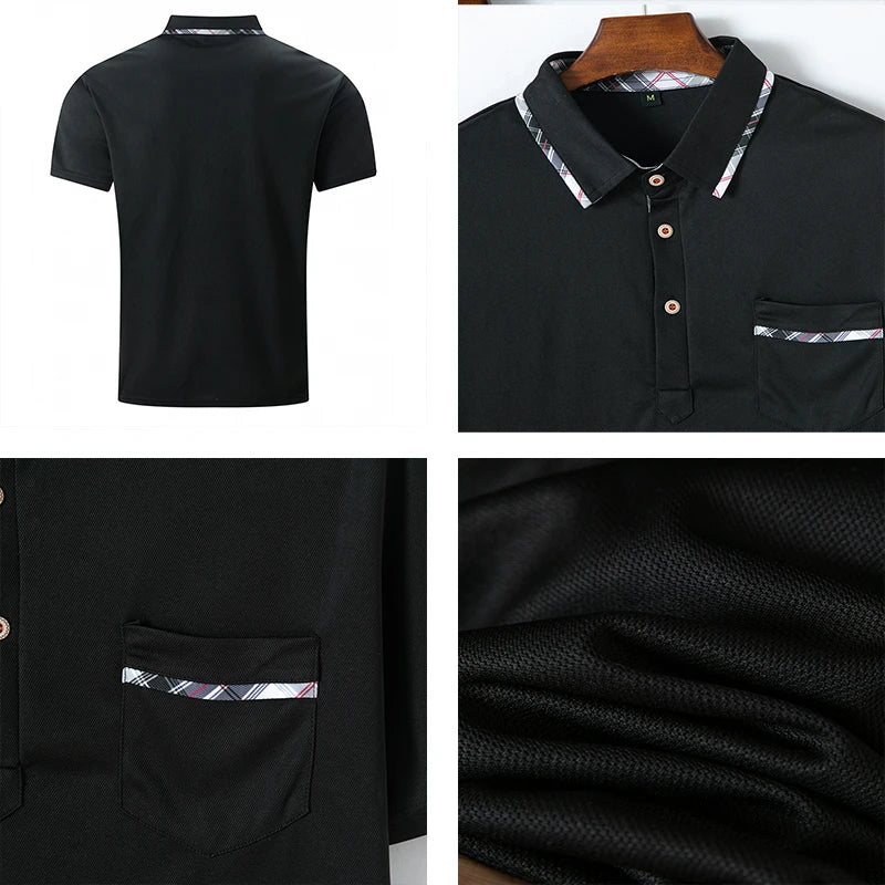 Noverlla™ Men's Slim Fit Polo Shirt – Short Sleeve Business Casual Top with Plaid Collar Detail
