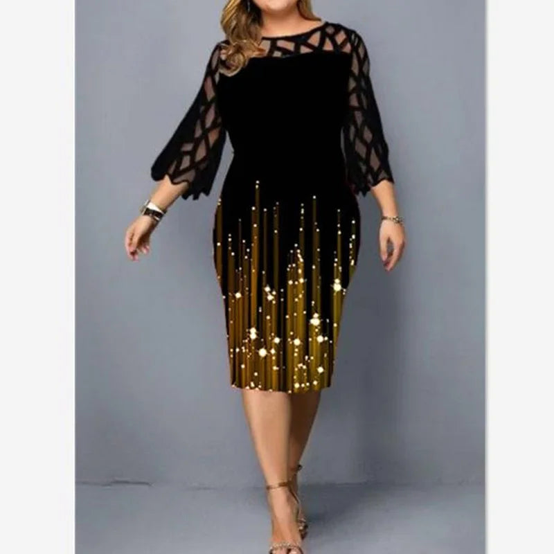 Women's Plus Size Lace Patchwork Midi Dress – Elegant 3/4 Sleeve Bodycon Party Dress | Autumn & Winter
