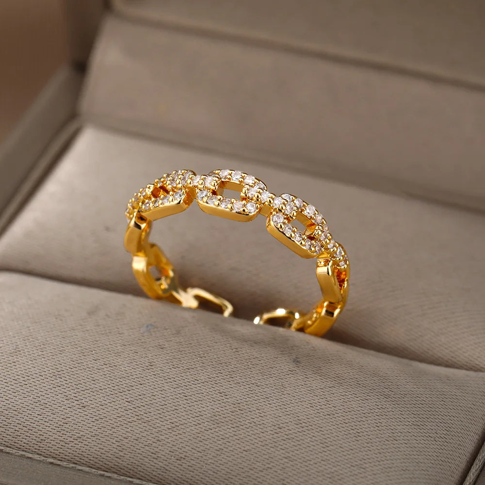 Luxury Stainless Steel Adjustable Belt Ring with Zircon – Women Geometric Jewelry