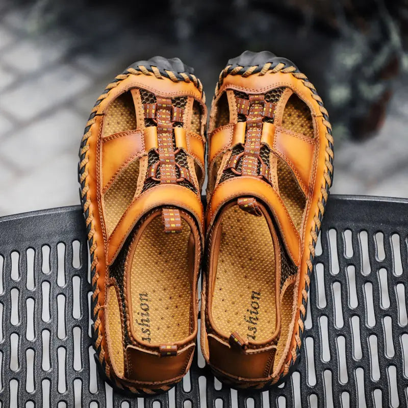 **Noverlla™ Premium Genuine Leather Men's Roman Sandals – Comfortable Summer Casual & Beach Shoes**