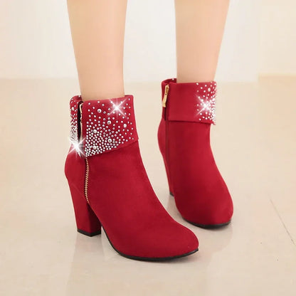 **Noverlla™ Women's Crystal Zip Ankle Boots – Chunky High Heel Fashion Boots for Office, Party & Winter**