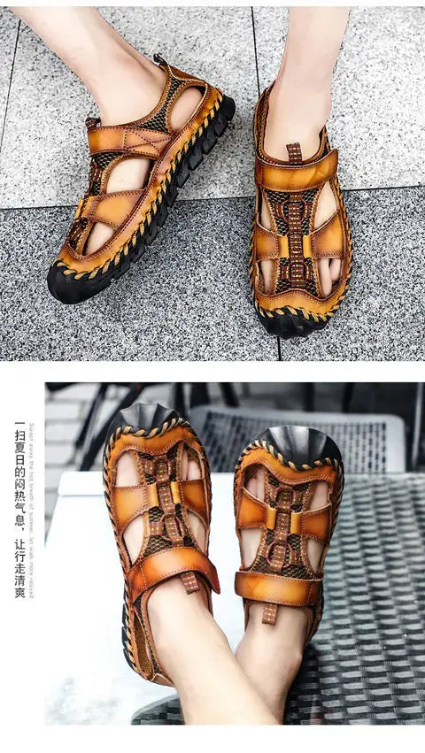 **Noverlla™ Premium Genuine Leather Men's Roman Sandals – Comfortable Summer Casual & Beach Shoes**