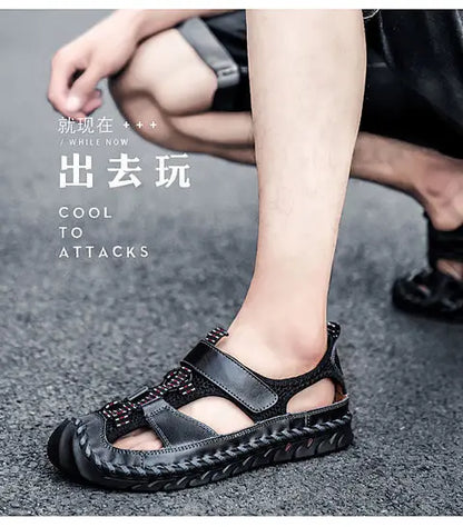 **Noverlla™ Premium Genuine Leather Men's Roman Sandals – Comfortable Summer Casual & Beach Shoes**