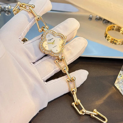 Four-Leaf Clover Gold Chain Watch for Women – Elegant Jewelry Watch