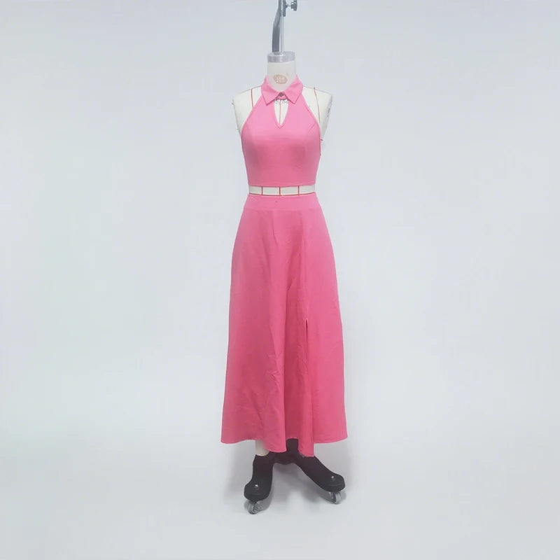 Noverlla™ Women's Halter Crop Top & Maxi Skirt Set – Elegant Two-Piece Outfit