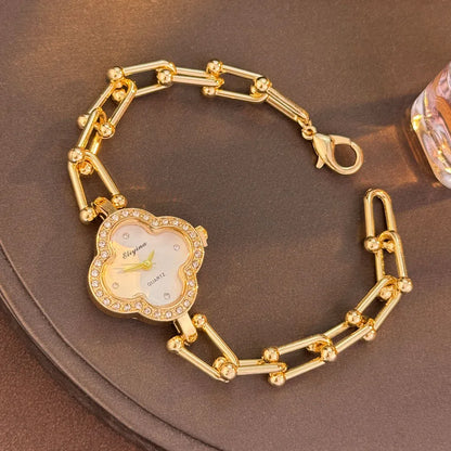 Four-Leaf Clover Gold Chain Watch for Women – Elegant Jewelry Watch