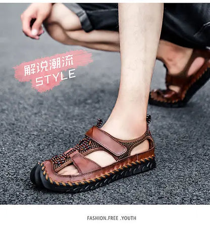 **Noverlla™ Premium Genuine Leather Men's Roman Sandals – Comfortable Summer Casual & Beach Shoes**