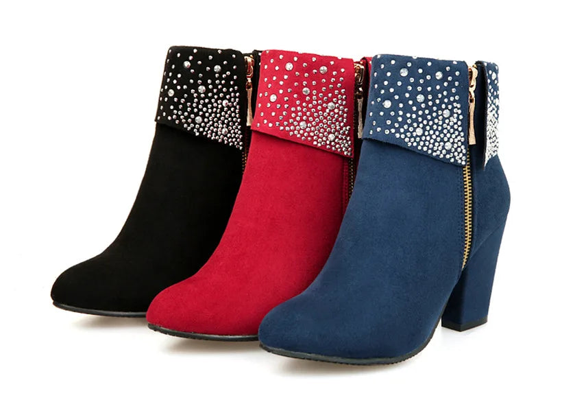 **Noverlla™ Women's Crystal Zip Ankle Boots – Chunky High Heel Fashion Boots for Office, Party & Winter**