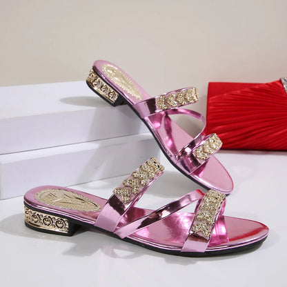 Noverlla™ Women's Rhinestone Slide Sandals – Elegant Open-Toe Block Heel Slippers