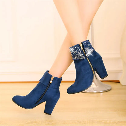 **Noverlla™ Women's Crystal Zip Ankle Boots – Chunky High Heel Fashion Boots for Office, Party & Winter**