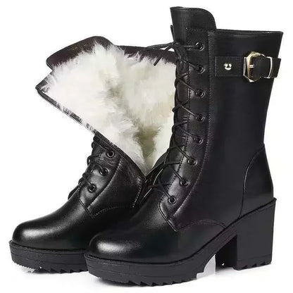 **Noverlla™ Premium Genuine Leather Women's Winter Snow Boots – Warm Wool Lined High-Heel Cold Weather Boots**