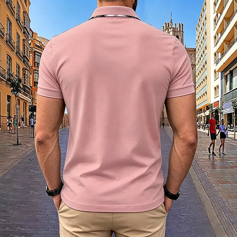 Noverlla™ Men's Slim Fit Polo Shirt – Short Sleeve Business Casual Top with Plaid Collar Detail
