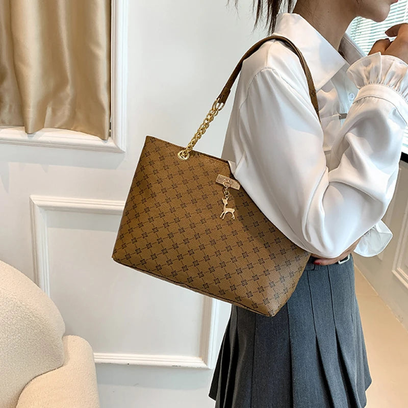 Elegant Soft Leather Tote Bag for Women – Large Shoulder Bag with Charm
