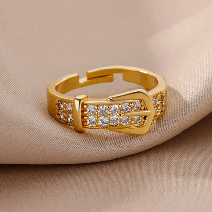 Luxury Stainless Steel Adjustable Belt Ring with Zircon – Women Geometric Jewelry