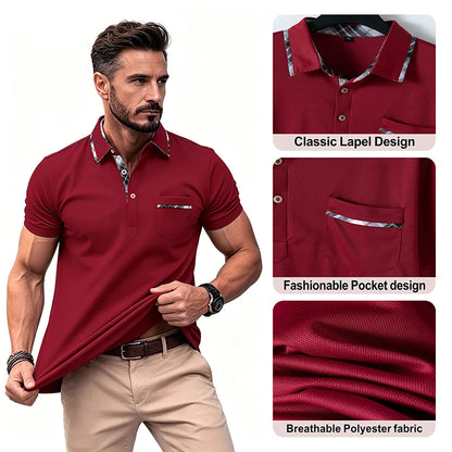 Noverlla™ Men's Slim Fit Polo Shirt – Short Sleeve Business Casual Top with Plaid Collar Detail