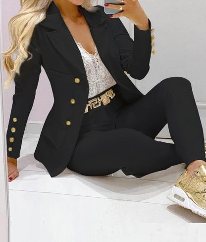 Women's Elegant Two-Piece Pants Set – Long Sleeve Jacket & Tailored Trousers | Casual Chic Outfit