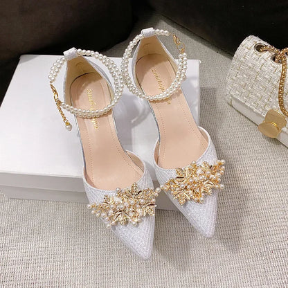 Elegant Women's Pointed Toe High Heel Pumps – Metal Beaded Dress Shoes for Weddings & Parties